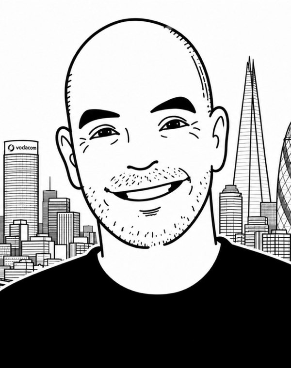 Line-drawn portrait of Mark Rodseth, smiling, with the Johannesburg and London skylines in the background.